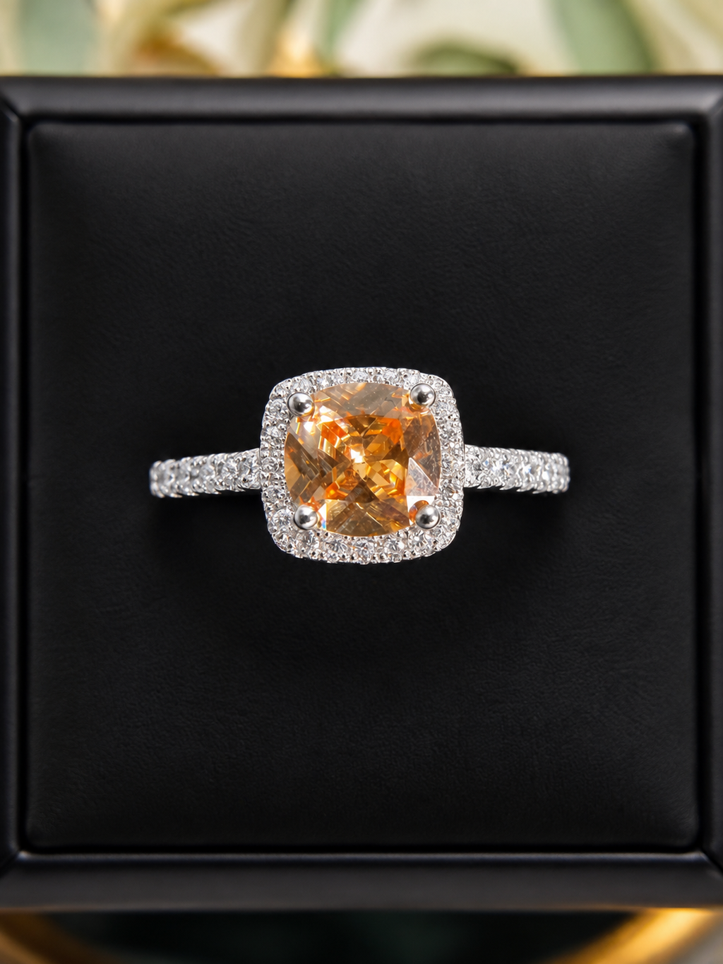 Sterling Silver Cushion-Cut Citrine Halo Ring – Size 8
