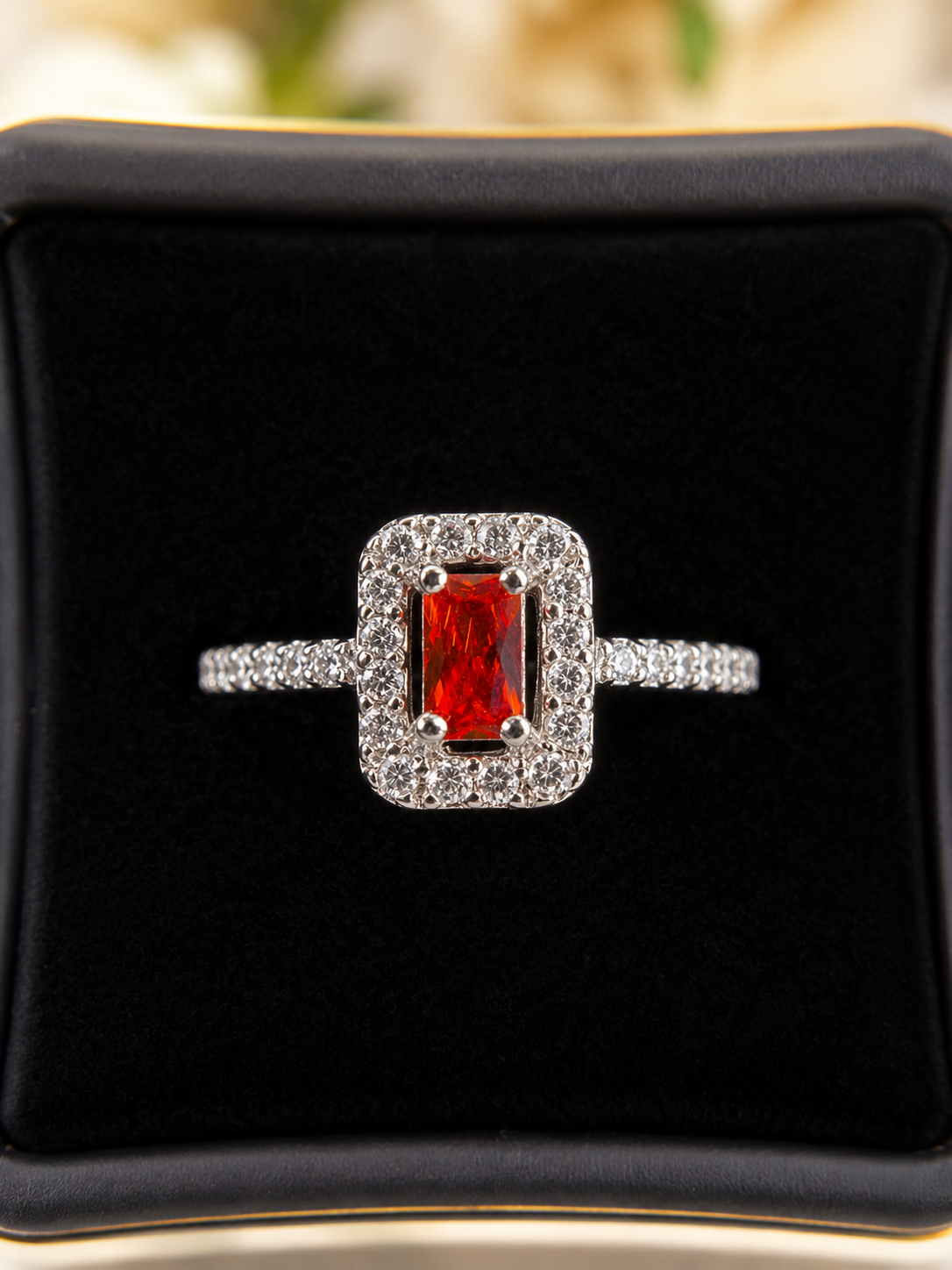 Sterling Silver Emerald-Cut Red-Orange Garnet Halo Ring – Size 8.5