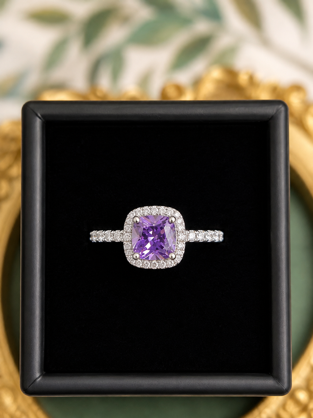 Sterling Silver Cushion-Cut Amethyst Halo Ring – Size 5.75