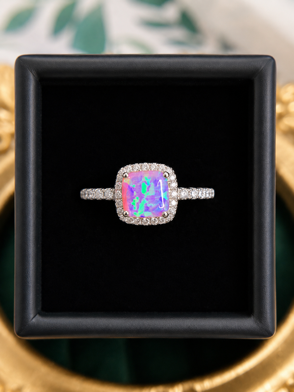 Sterling Silver Cushion-Cut Pink Opal Halo Ring – Size 8