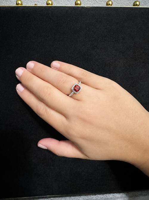 Sterling Silver Cushion-Cut Red-Orange Garnet Halo Ring – Size 6.5