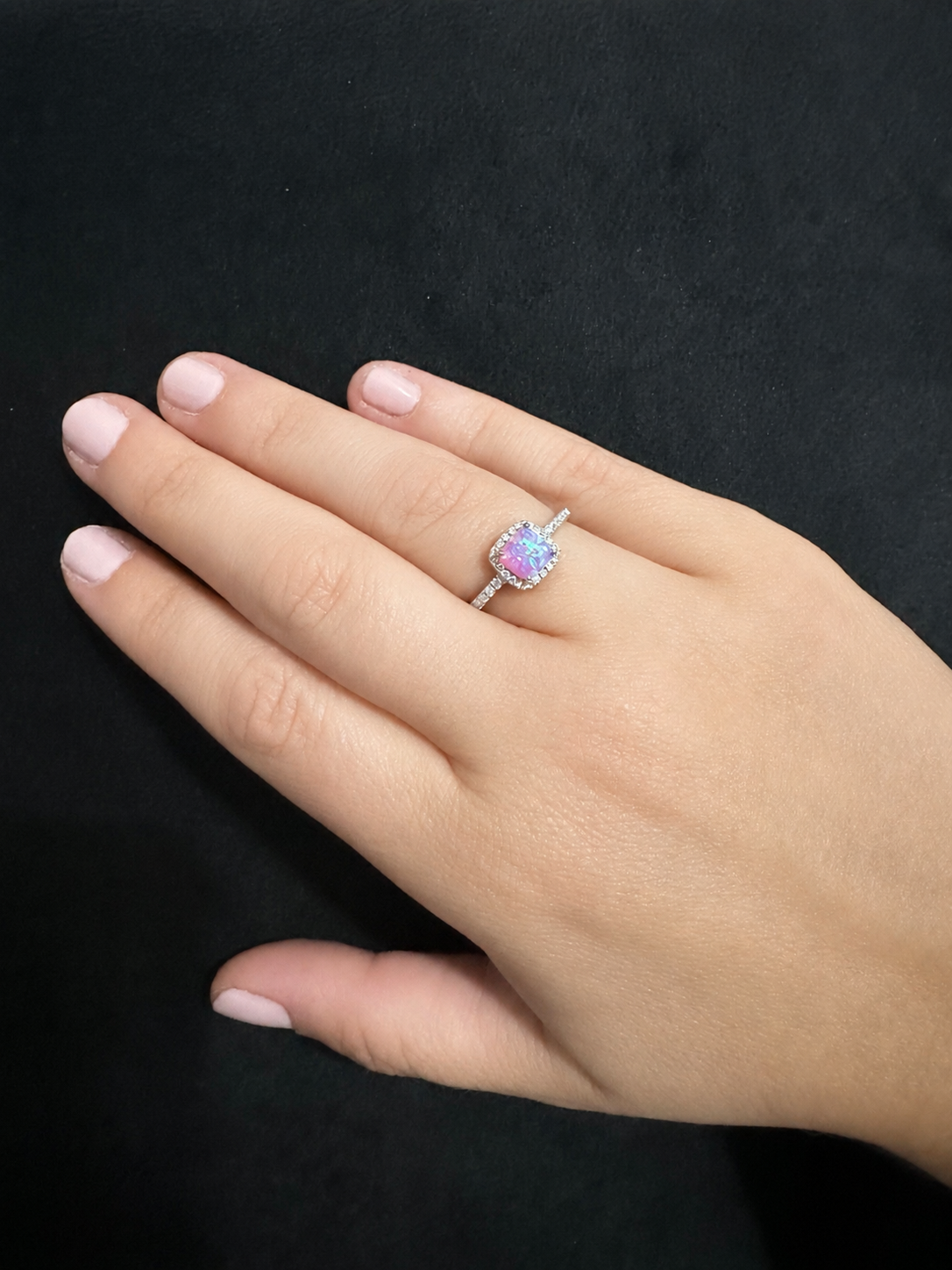 Sterling Silver Cushion-Cut Pink Opal Halo Ring – Size 8