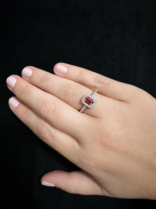 Sterling Silver Emerald-Cut Red-Orange Garnet Halo Ring – Size 8.5