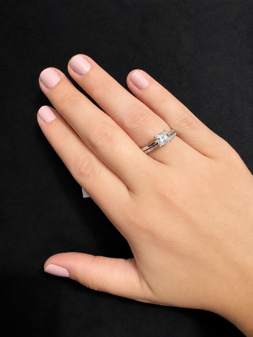 Sterling Silver Princess Moissanite Solitaire Ring with Band – .8 CT, Size 7