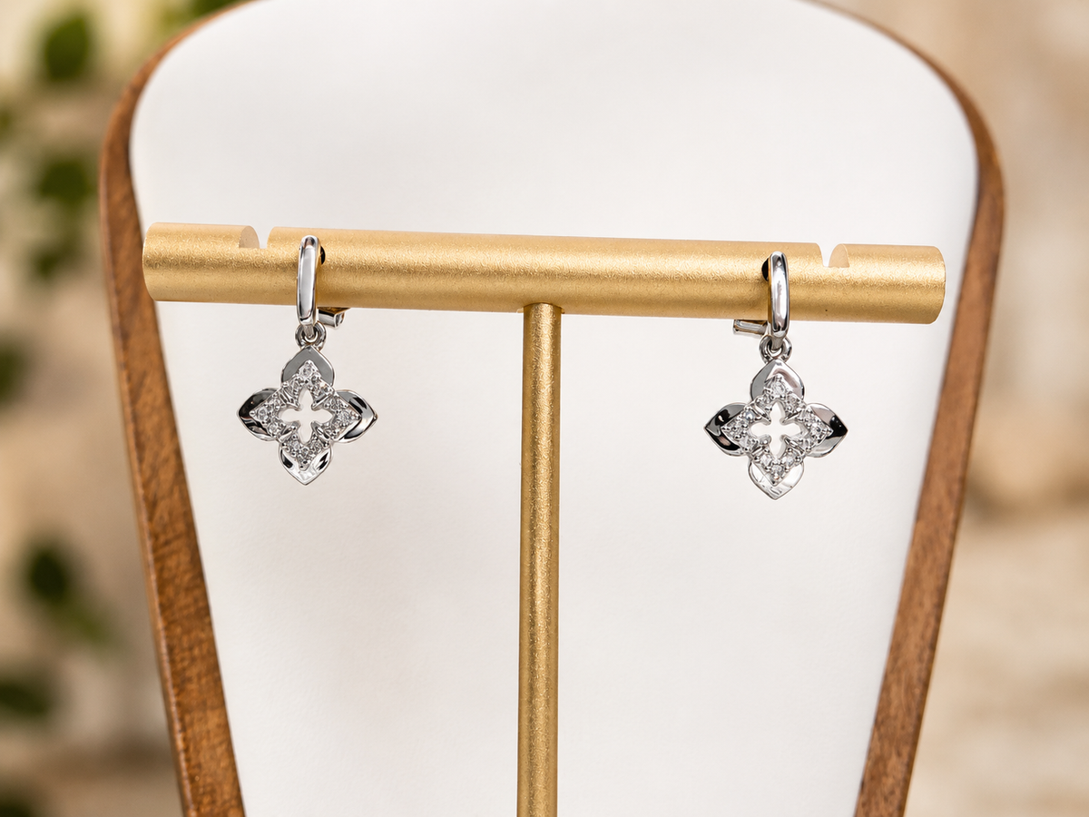 Sterling Silver Clover Dangle Earrings with 0.10 CT Lab-Created Diamonds