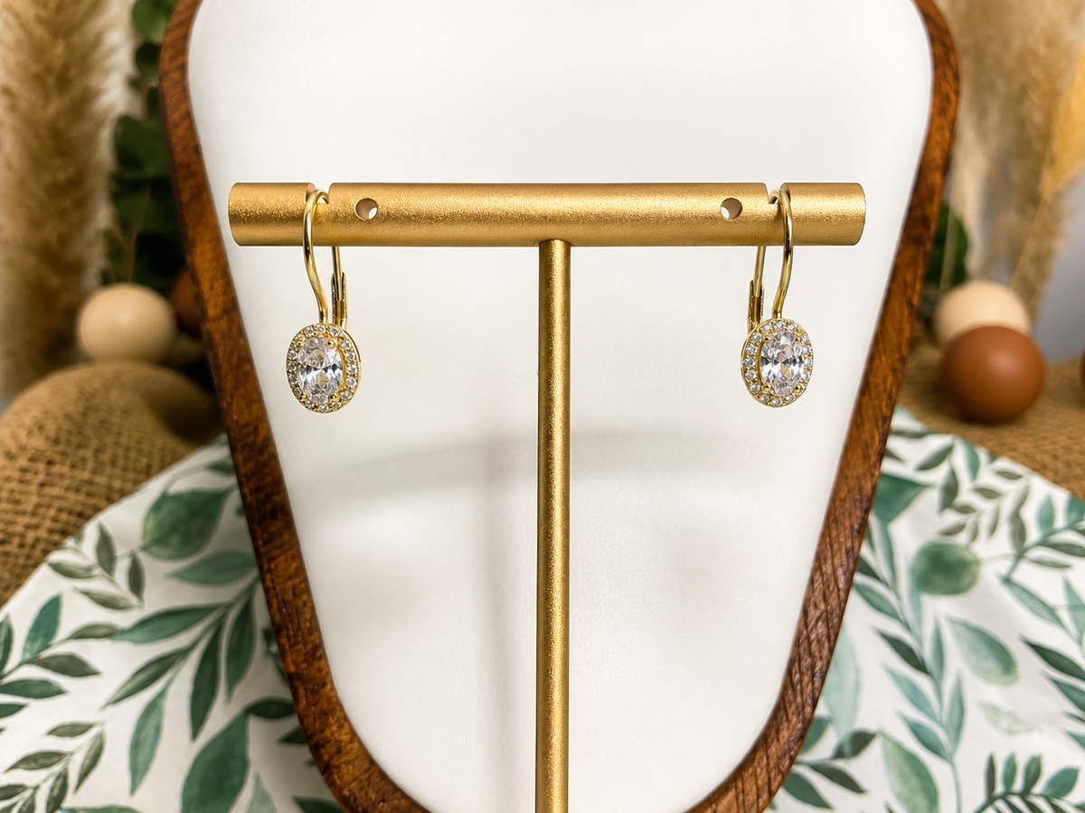14K Gold Over Sterling Silver Oval AAA CZ Halo Dangle Earrings