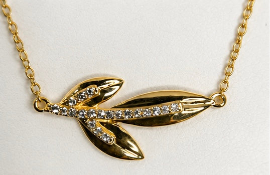 14K Gold Over Sterling Silver Olive Branch Necklace with .10 CT Natural Diamonds