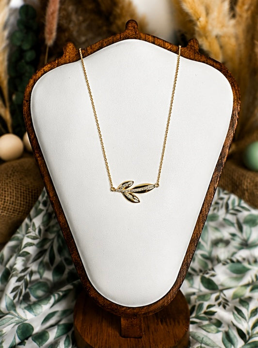 14K Gold Over Sterling Silver Olive Branch Necklace with .10 CT Natural Diamonds